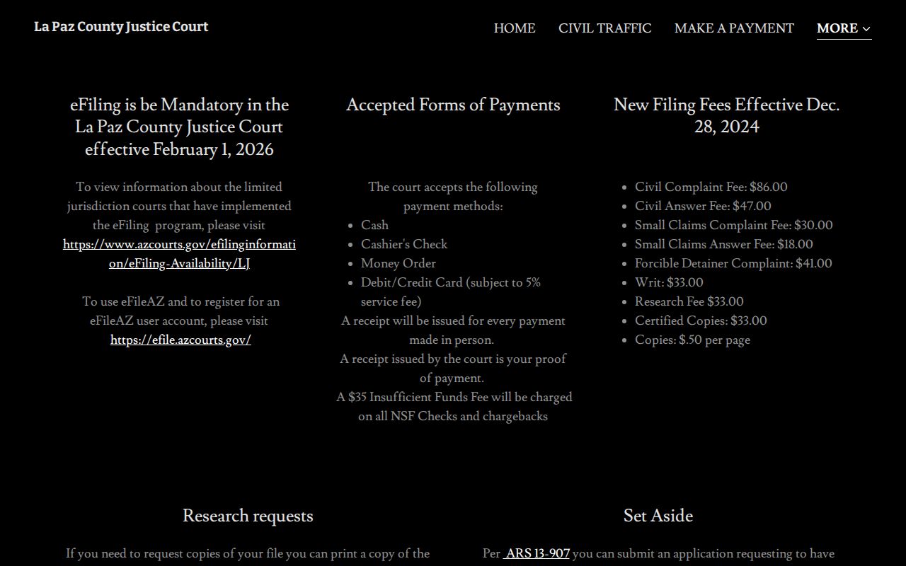 La Paz County civil court docket Justice Court records and fees