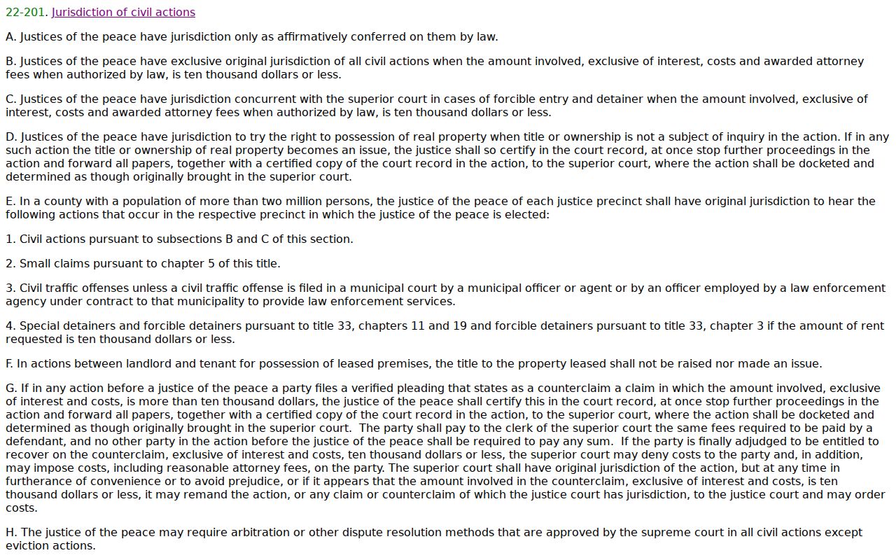 La Paz County civil court docket Justice Court jurisdiction statute