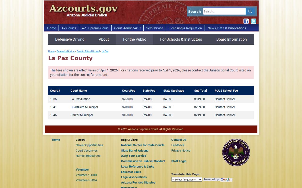 La Paz County traffic court defensive driving cost schedule